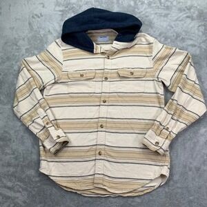 Long Sleeve Hooded Flannel Shirt White Stripe Double Brushed Size Men's Medium